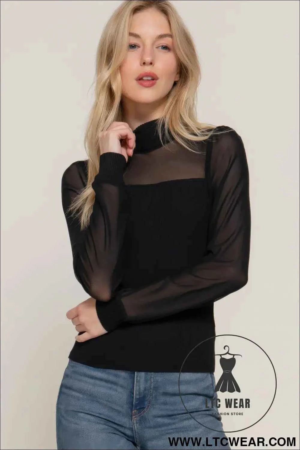 Long Slv Mesh Panel Detail Sweater Top