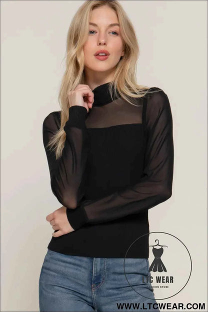 Long Slv Mesh Panel Detail Sweater Top