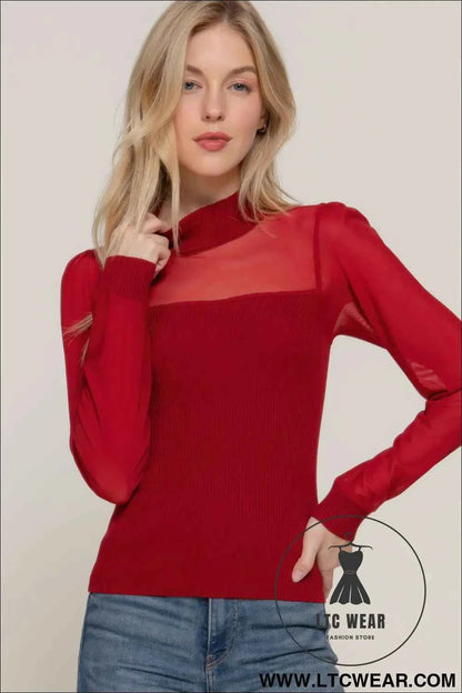 Long Slv Mesh Panel Detail Sweater Top