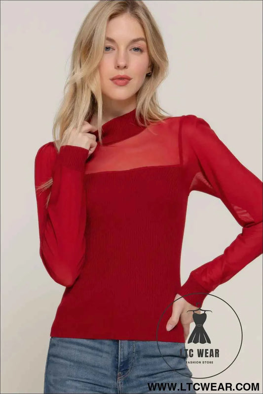 Long Slv Mesh Panel Detail Sweater Top