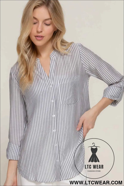 Long Slv Split Round Neck Stripe Woven Shirt