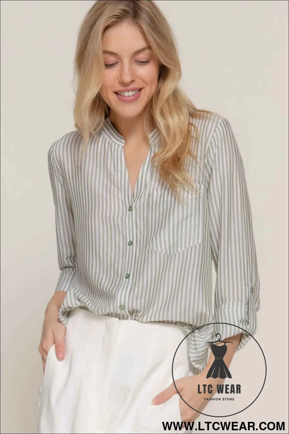 Long Slv Split Round Neck Stripe Woven Shirt