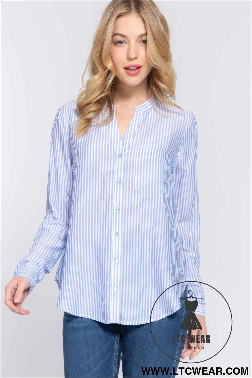 Long Slv Split Round Neck Stripe Woven Shirt