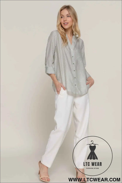 Long Slv Split Round Neck Stripe Woven Shirt