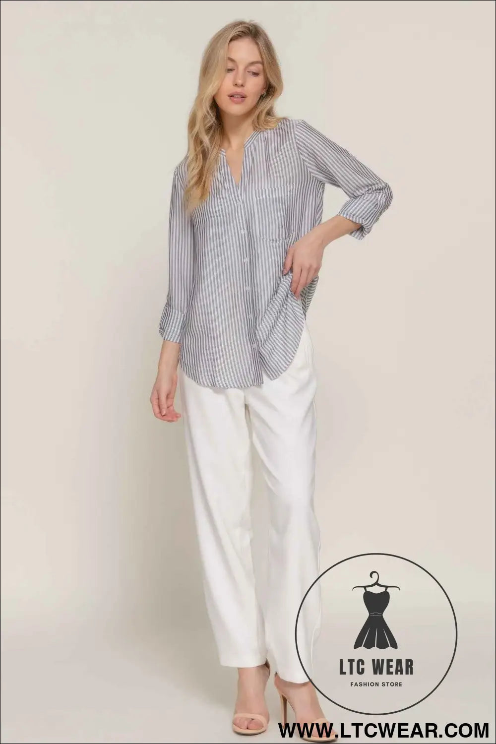 Long Slv Split Round Neck Stripe Woven Shirt