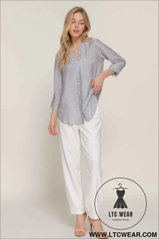Long Slv Split Round Neck Stripe Woven Shirt