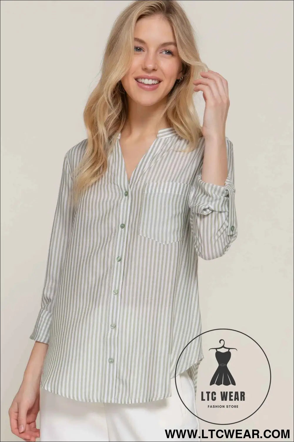 Long Slv Split Round Neck Stripe Woven Shirt