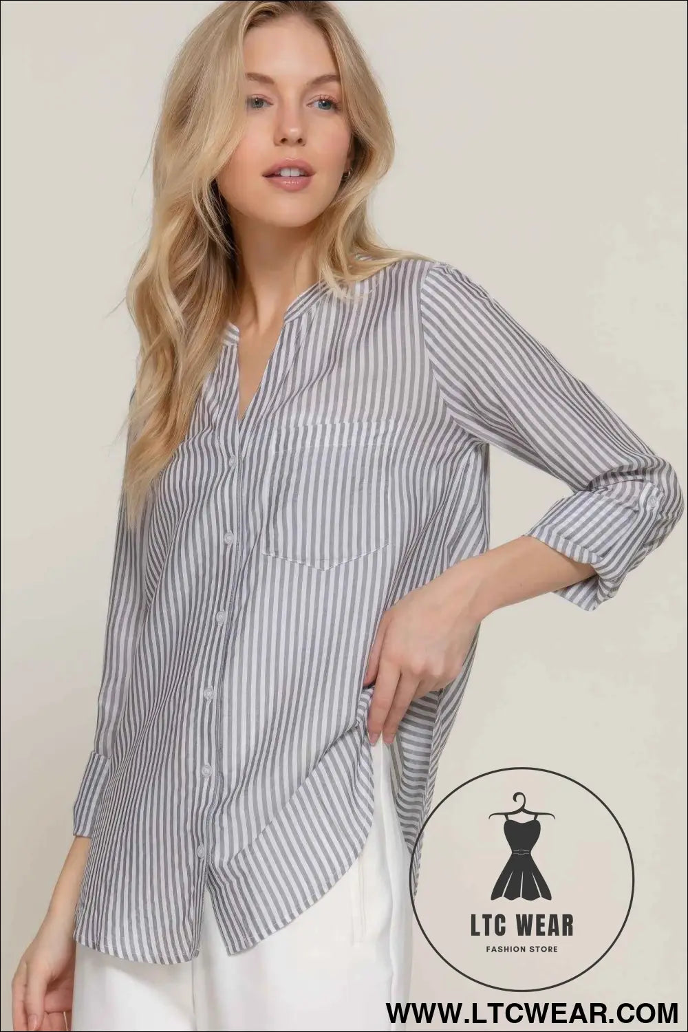 Long Slv Split Round Neck Stripe Woven Shirt