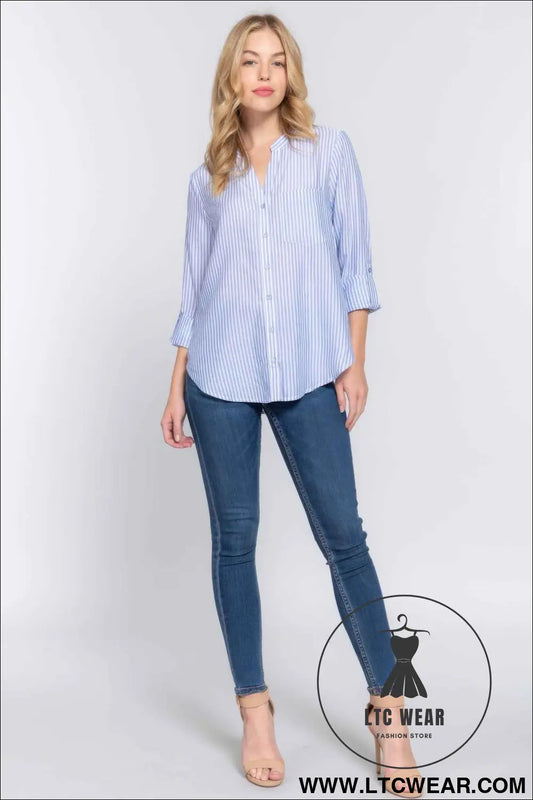 Long Slv Split Round Neck Stripe Woven Shirt