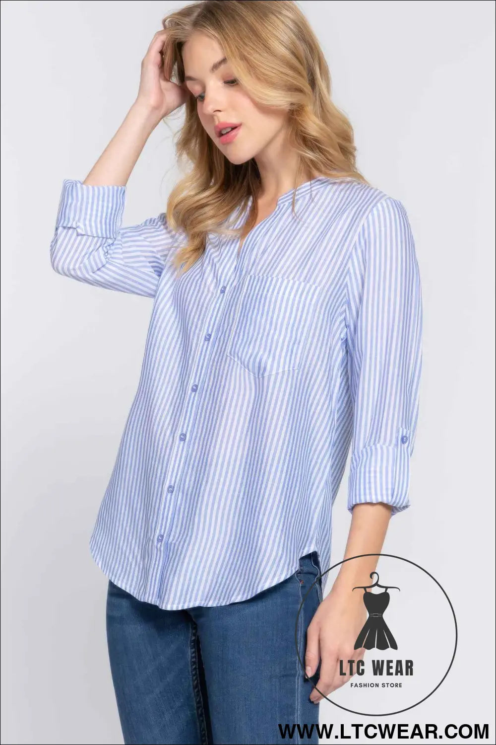 Long Slv Split Round Neck Stripe Woven Shirt
