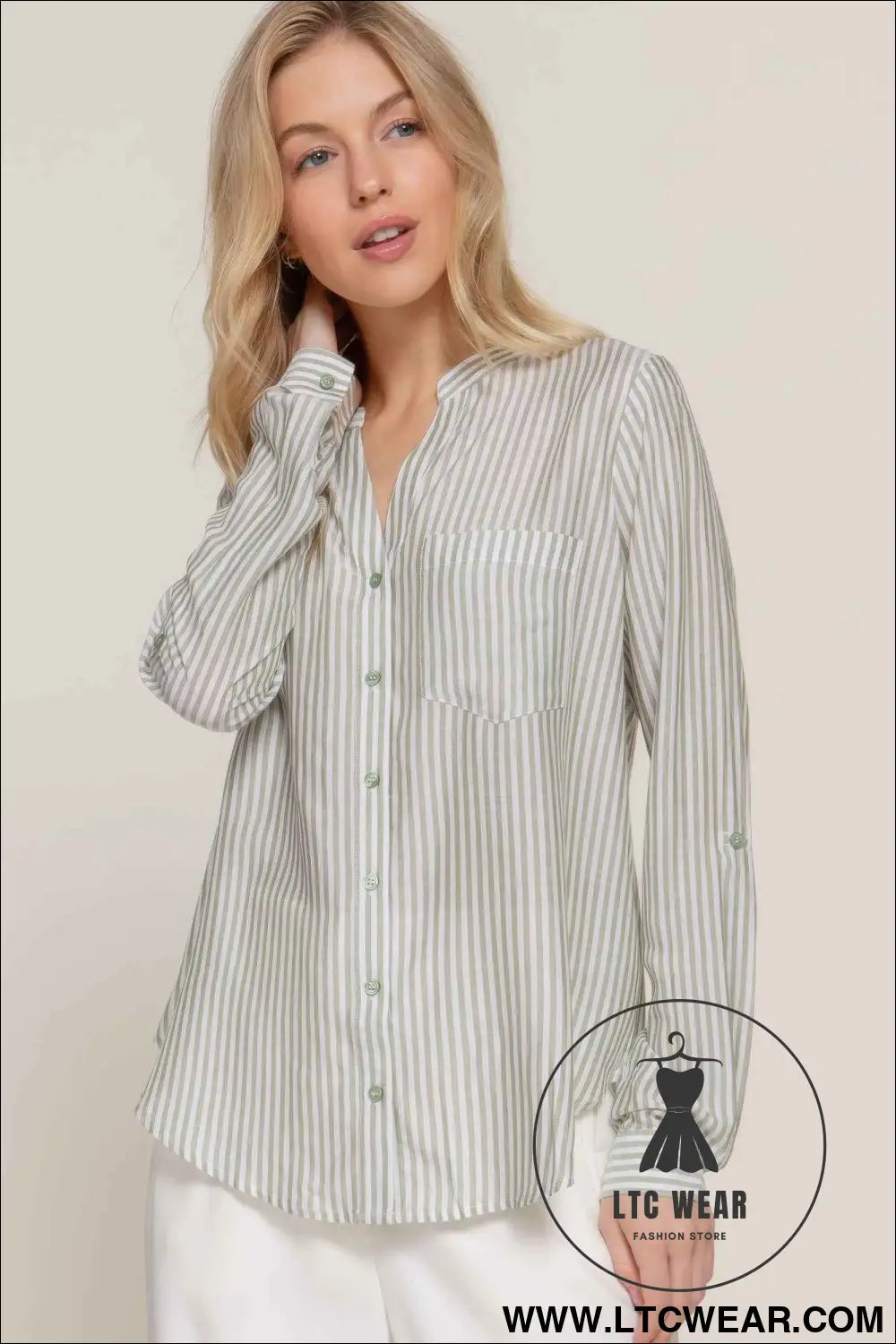 Long Slv Split Round Neck Stripe Woven Shirt