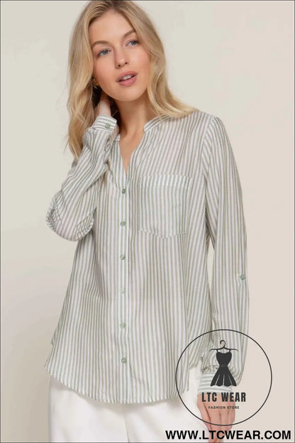 Long Slv Split Round Neck Stripe Woven Shirt