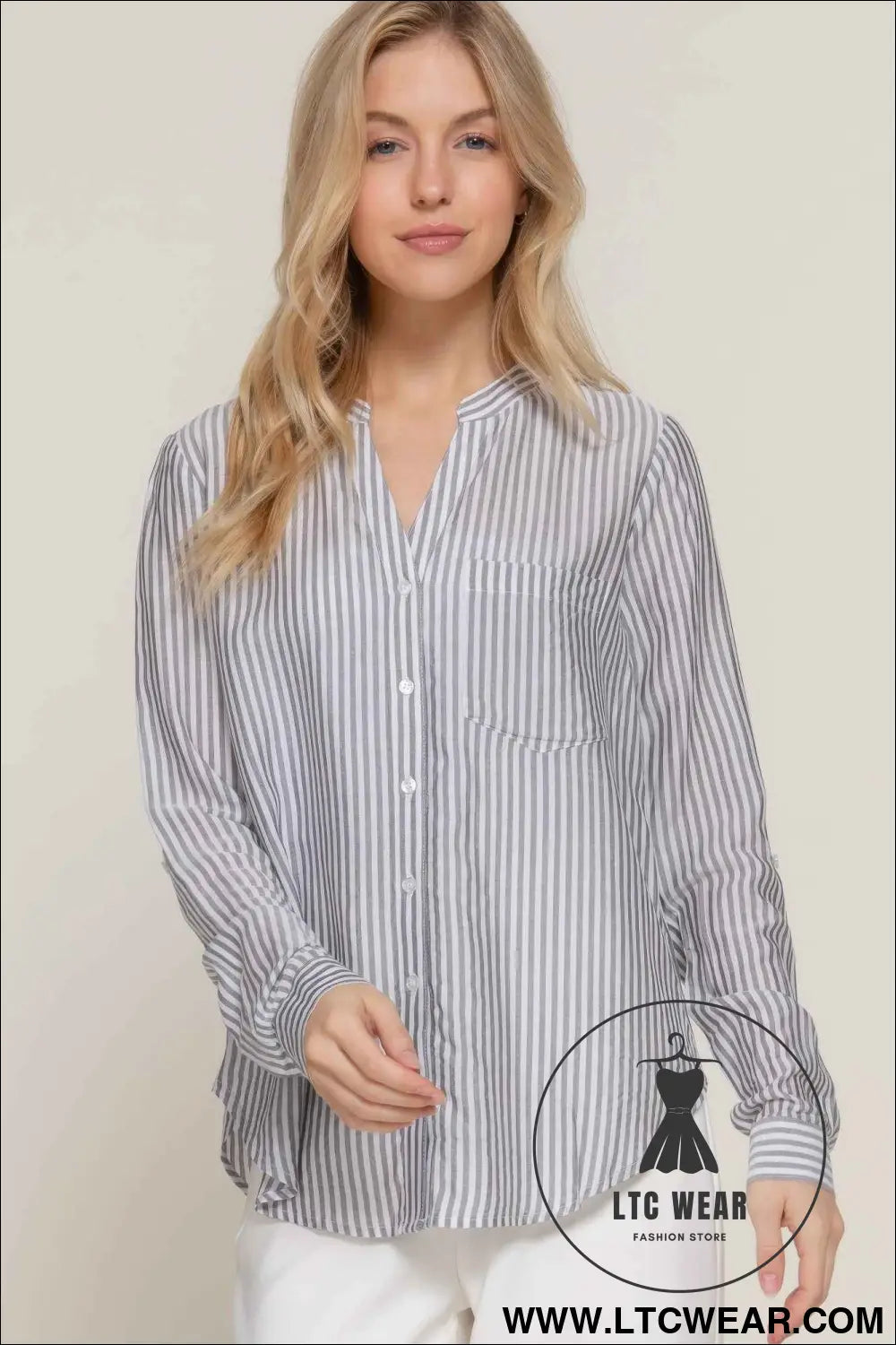 Long Slv Split Round Neck Stripe Woven Shirt