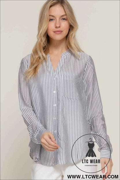 Long Slv Split Round Neck Stripe Woven Shirt