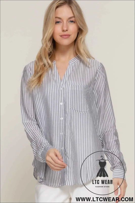 Long Slv Split Round Neck Stripe Woven Shirt