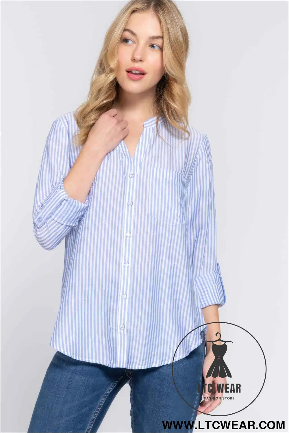 Long Slv Split Round Neck Stripe Woven Shirt