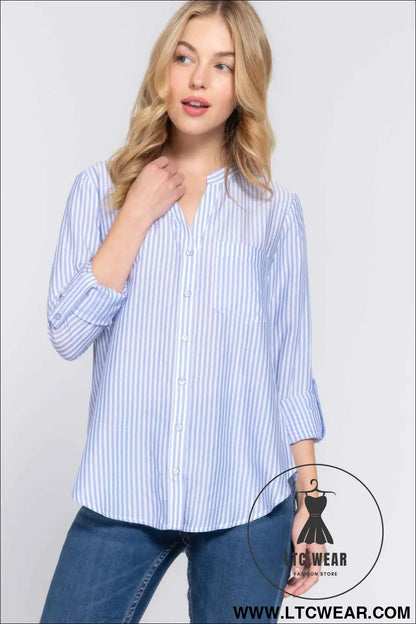 Long Slv Split Round Neck Stripe Woven Shirt