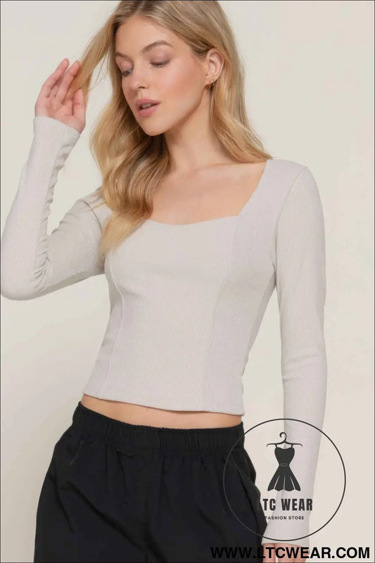 Long slv sweetheart neck seam detail knit top