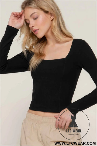 Long slv sweetheart neck seam detail knit top