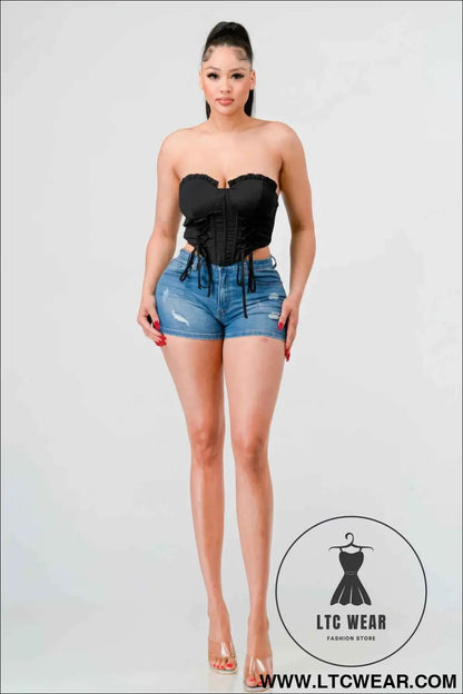 Luxe sweetheart ruffled drawstring lace bustier top
