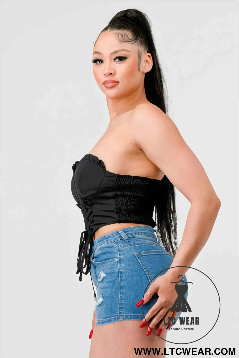 Luxe sweetheart ruffled drawstring lace bustier top