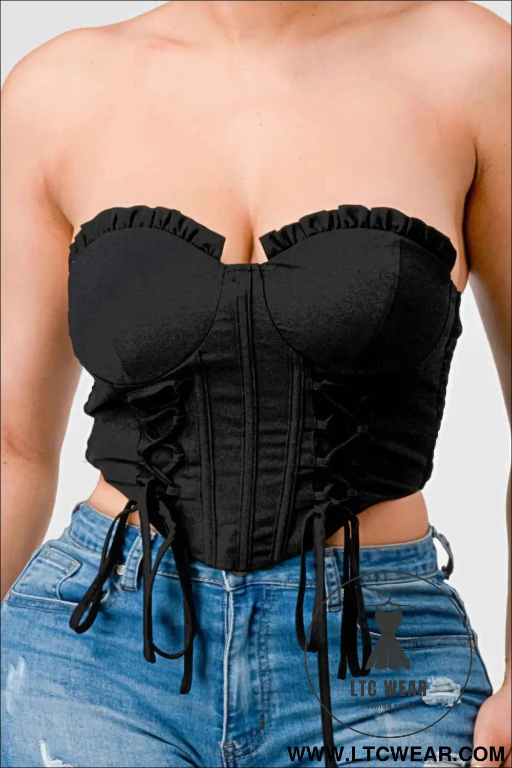 Luxe sweetheart ruffled drawstring lace bustier top
