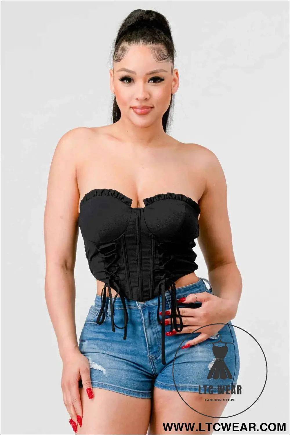 Luxe sweetheart ruffled drawstring lace bustier top