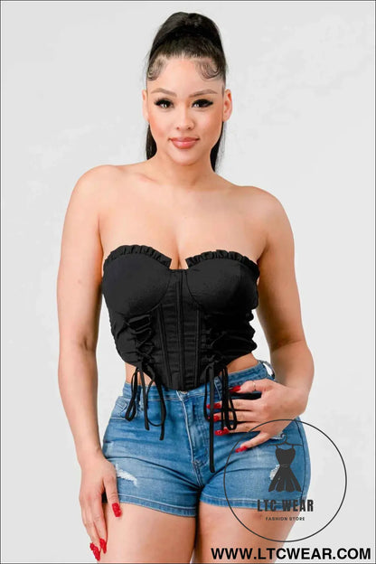 Luxe sweetheart ruffled drawstring lace bustier top