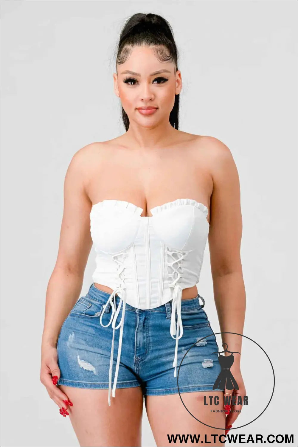 Luxe sweetheart ruffled drawstring lace bustier top