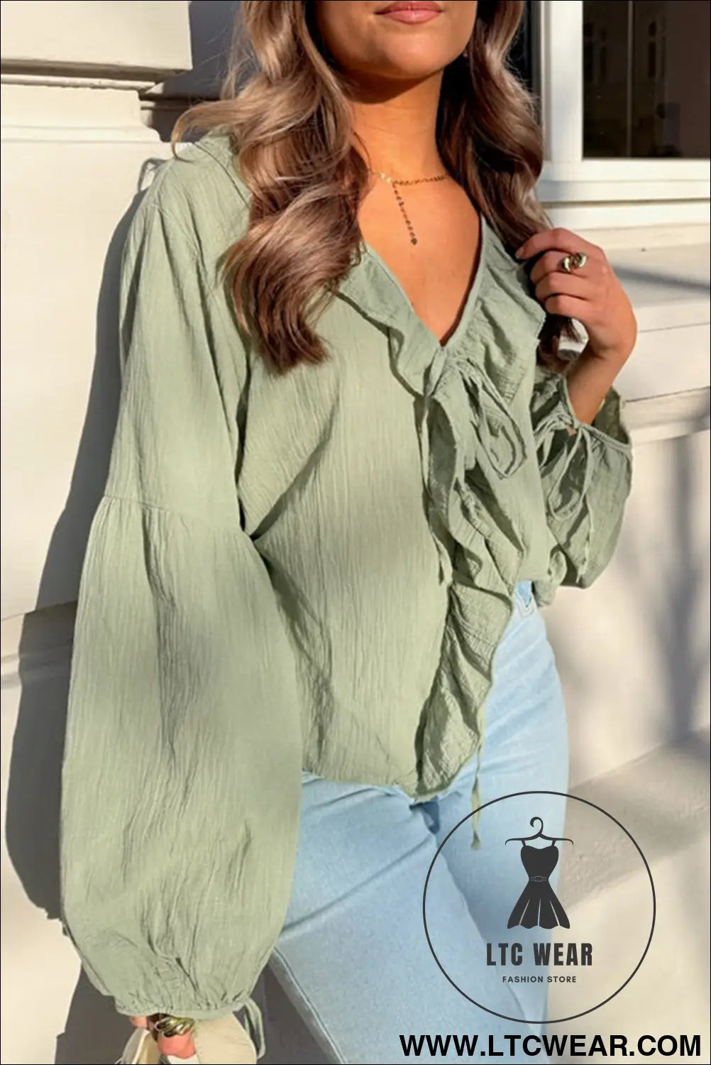 Meadow mist green bow tie front ruffle trim v neck long sleeve blouse - meadow mist green / l / 100% cotton - blouses &