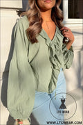 Meadow mist green bow tie front ruffle trim v neck long sleeve blouse - meadow mist green / l / 100% cotton - blouses &