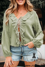 Meadow mist green bow tie front ruffle trim v neck long sleeve blouse - blouses & shirts