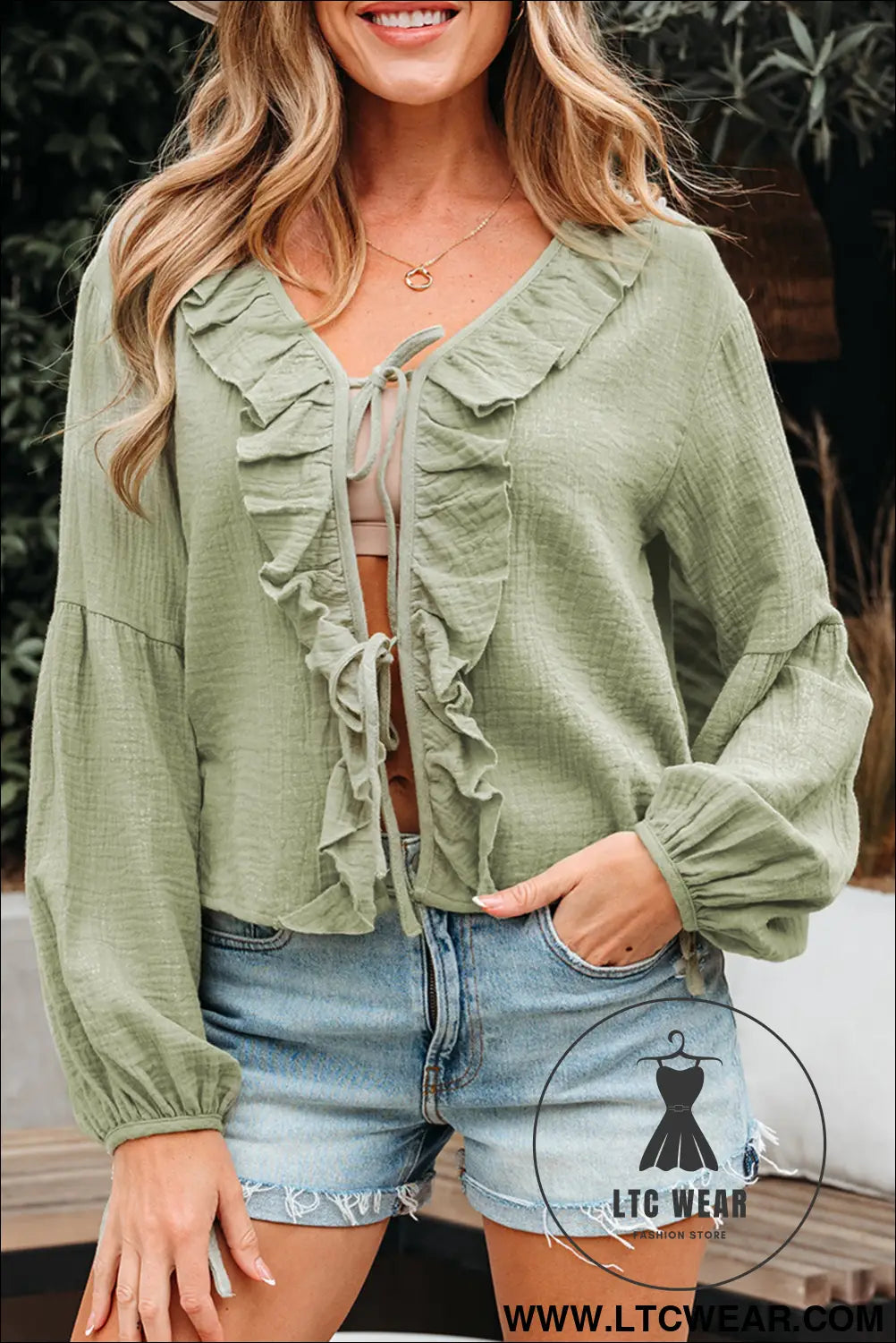 Meadow mist green bow tie front ruffle trim v neck long sleeve blouse - blouses & shirts