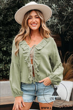 Meadow mist green bow tie front ruffle trim v neck long sleeve blouse - blouses & shirts