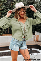 Meadow mist green bow tie front ruffle trim v neck long sleeve blouse - blouses & shirts