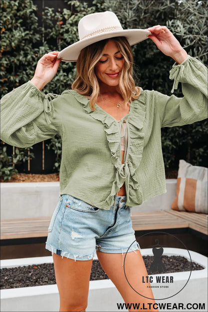 Meadow mist green bow tie front ruffle trim v neck long sleeve blouse - blouses & shirts