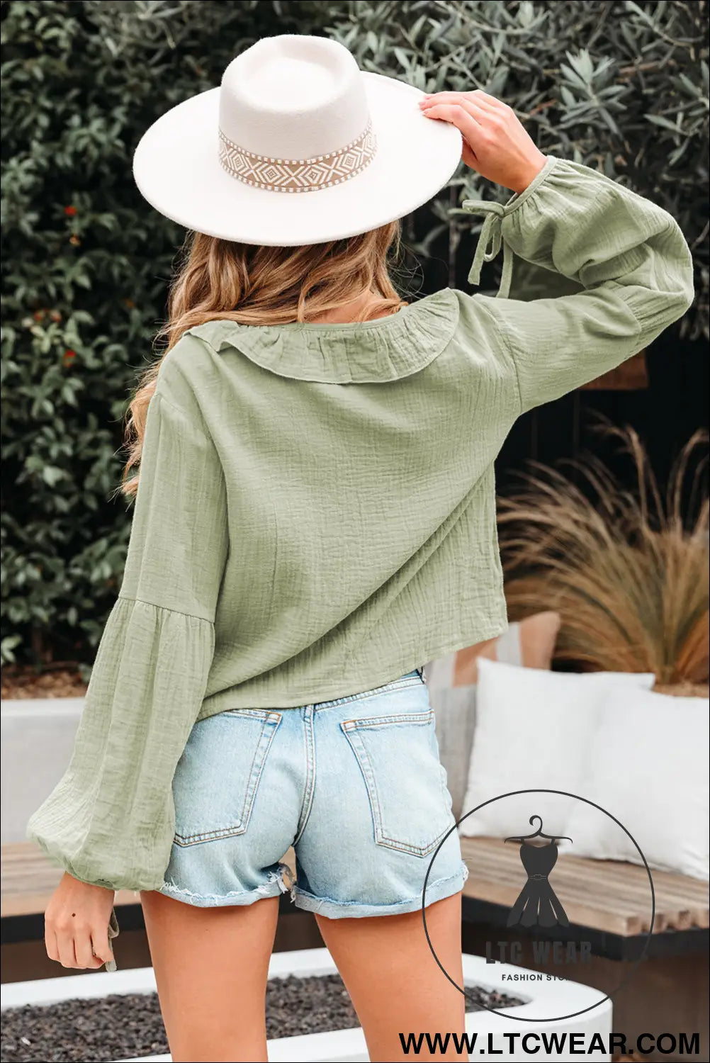 Meadow mist green bow tie front ruffle trim v neck long sleeve blouse - blouses & shirts