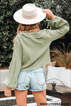 Meadow mist green bow tie front ruffle trim v neck long sleeve blouse - blouses & shirts