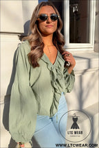 Meadow mist green bow tie front ruffle trim v neck long sleeve blouse - blouses & shirts