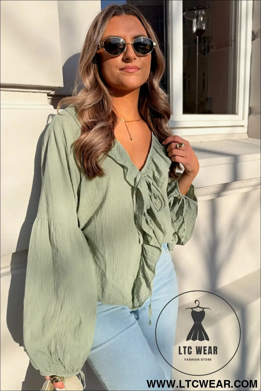 Meadow mist green bow tie front ruffle trim v neck long sleeve blouse - blouses & shirts