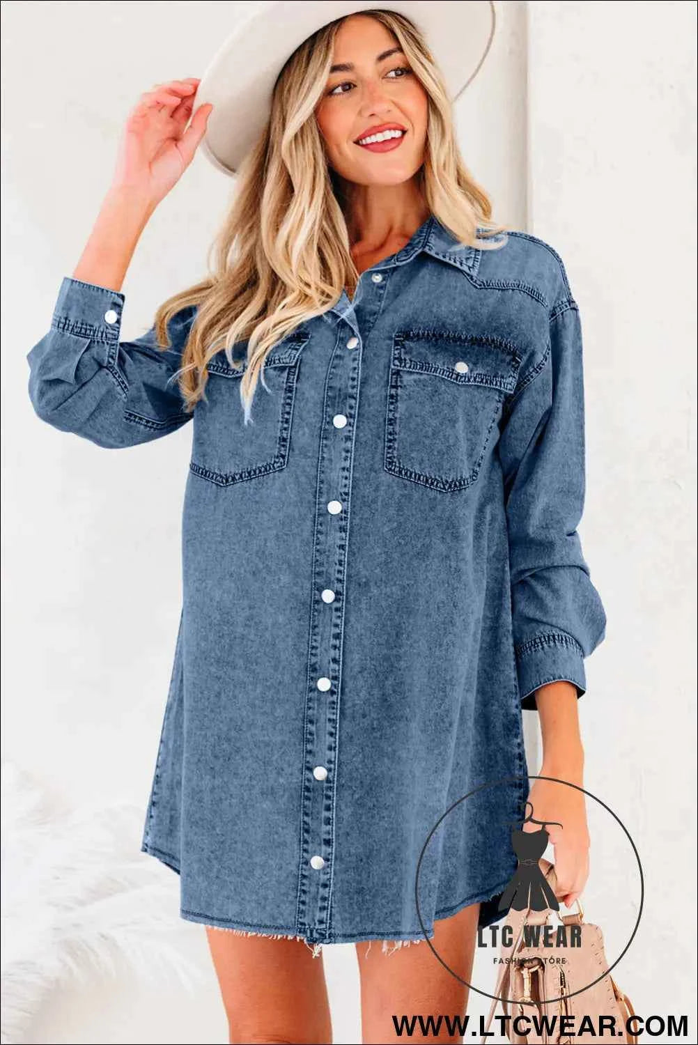 Black Denim Raw Hem Loose Shirt Dress
