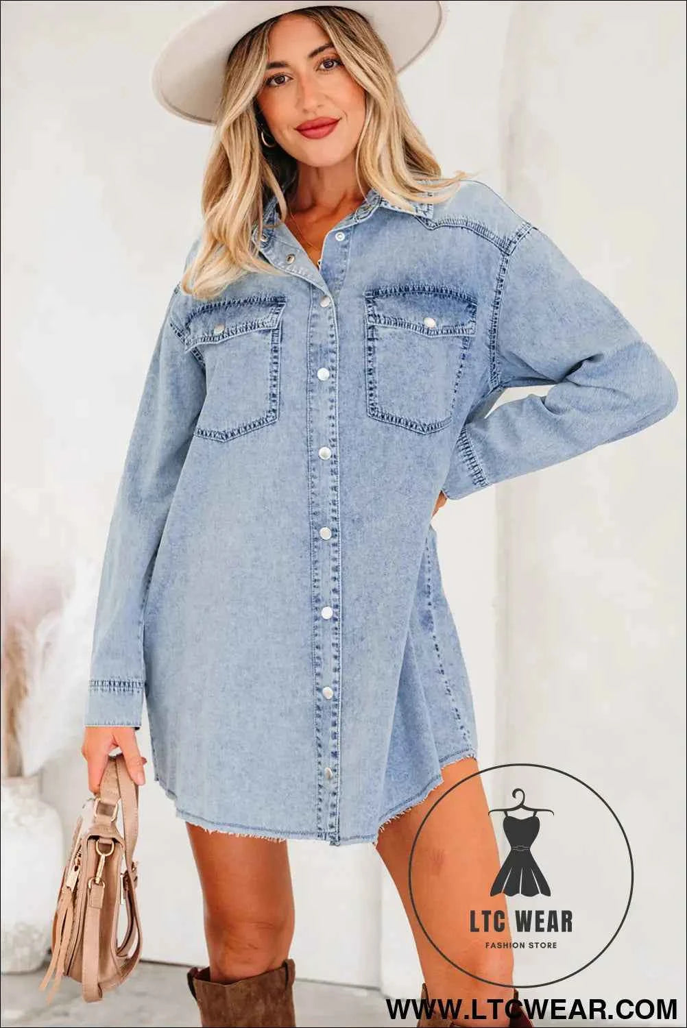 Black Denim Raw Hem Loose Shirt Dress