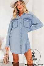 Black Denim Raw Hem Loose Shirt Dress