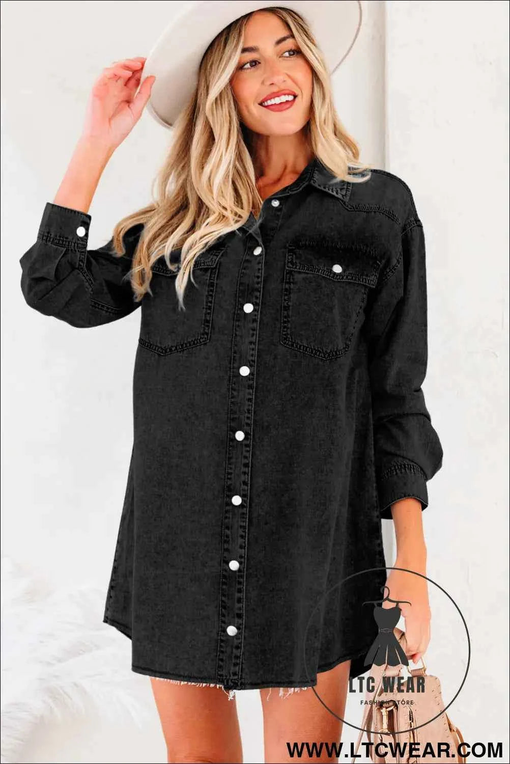Black Denim Raw Hem Loose Shirt Dress