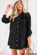 Black Denim Raw Hem Loose Shirt Dress