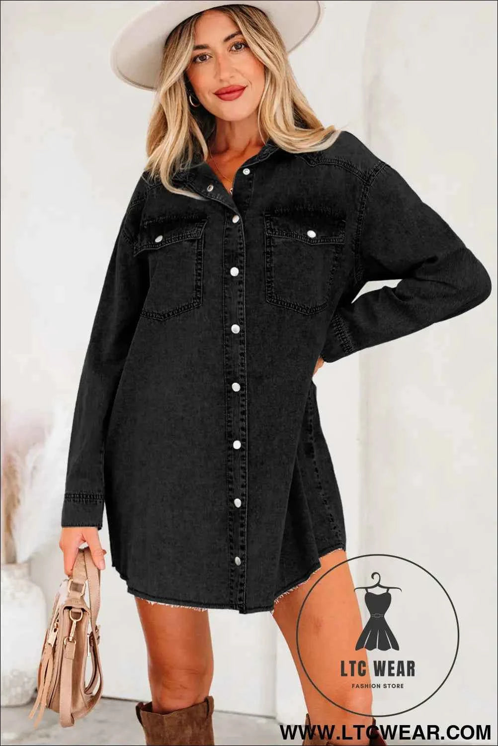 Black Denim Raw Hem Loose Shirt Dress