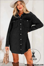 Black Denim Raw Hem Loose Shirt Dress