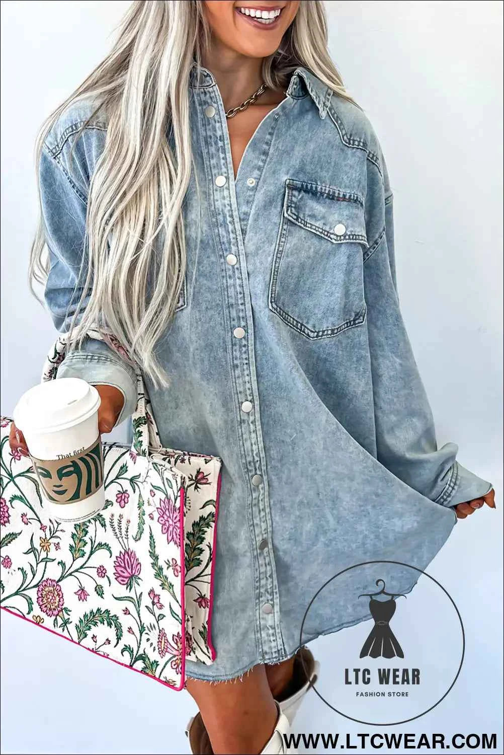 Black Denim Raw Hem Loose Shirt Dress