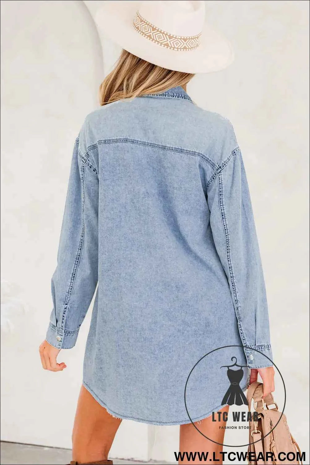 Black Denim Raw Hem Loose Shirt Dress
