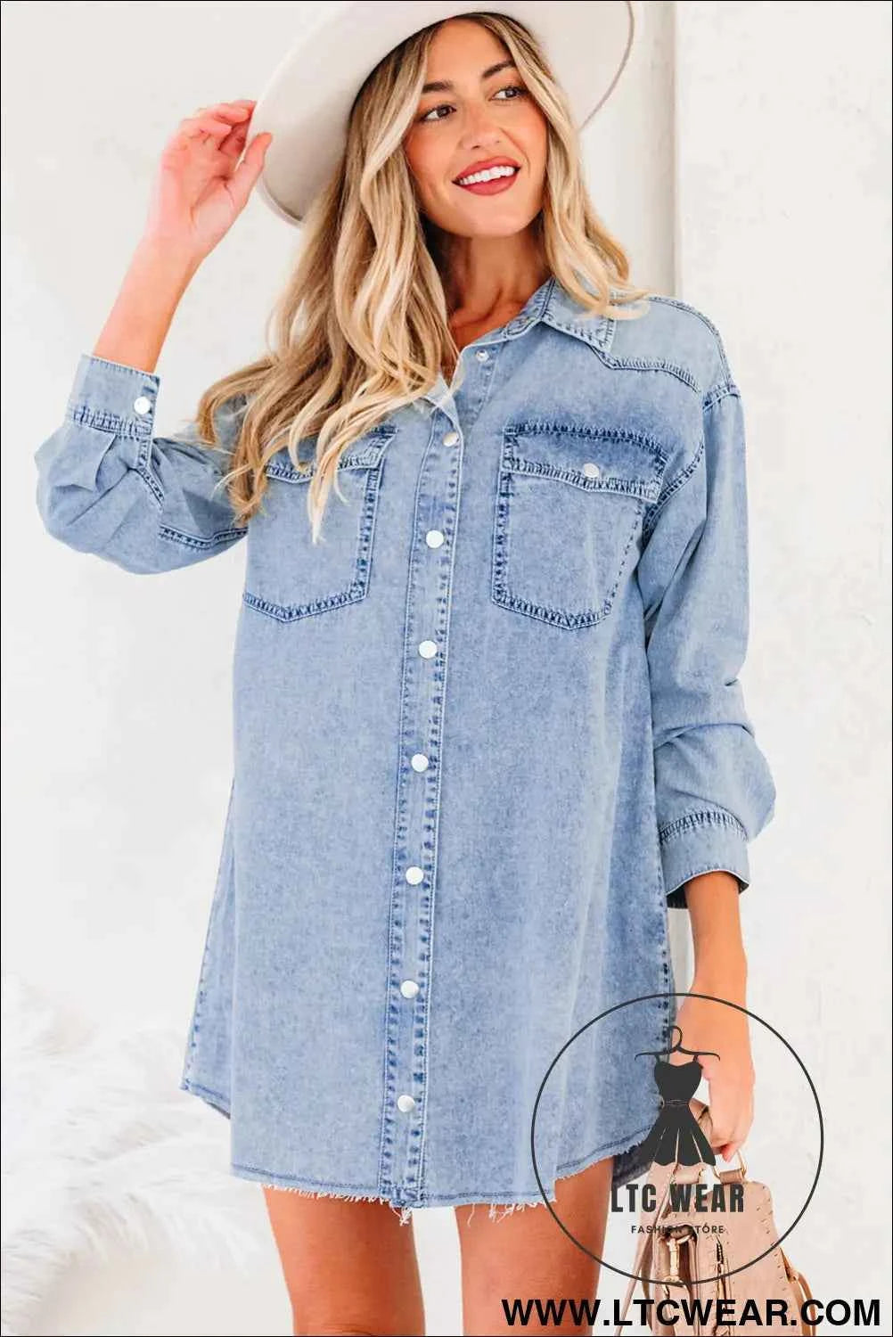 Black Denim Raw Hem Loose Shirt Dress